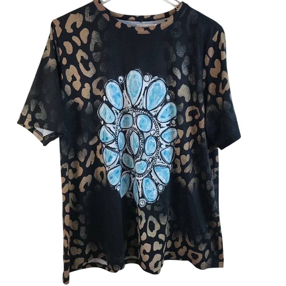 Southern Stitch Animal Print Tee With Turquoise Pin Graphic Size 2XL NWOT